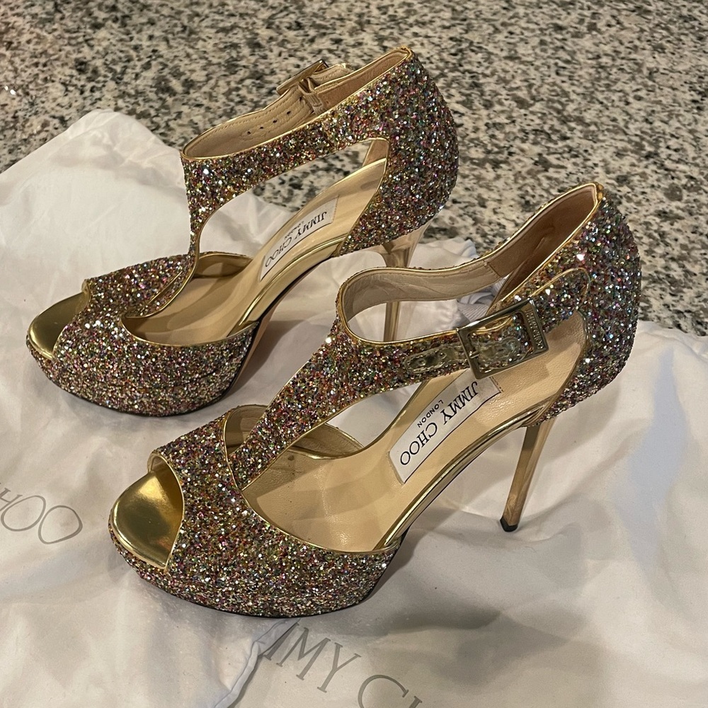 Jimmy Choo Multi-Color Glitter T-Strap  Heels